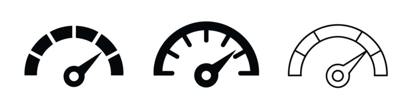 Speedometer or gauge icon set in black silhouette and outline styles featuring speed and performance meter symbols, vector illustration for dashboard, vehicle, performance monitoring, efficiency, acce