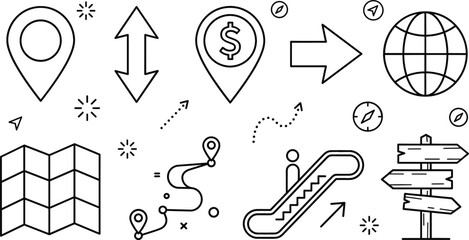 Travel navigation and finance map line art vector icons set with route pin dollar signpost globe and escalator © MdMursalin
