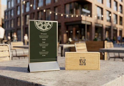 Menu Stand and QR Code Box Mockup on Outdoor Table