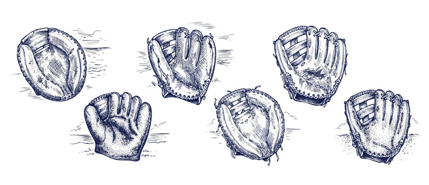Baseball gloves sketch vector set of vintage leather catcher mitts hand drawn in blue ink line art style for sports graphic design layouts, retro athletic equipment icons isolated on white background.