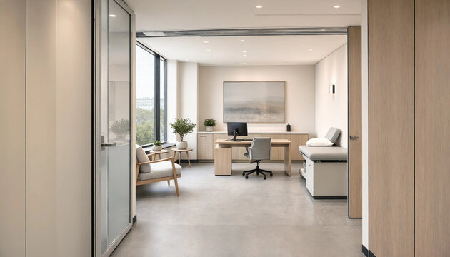 Modern private medical office interior with examination table and desk interior healthcare consultation hospital professional furniture treatment workspace practice clinical wellness