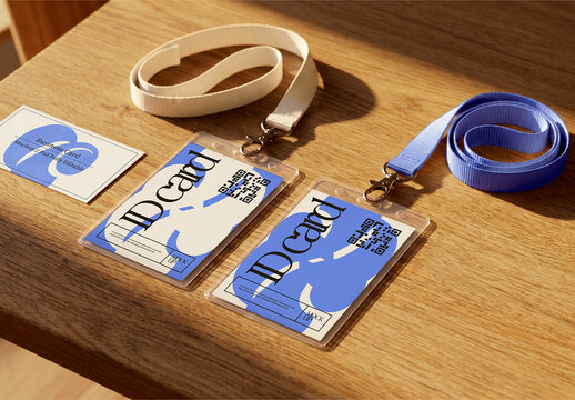 ID Card and Business Card Mockup on Wooden Desk