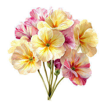 Watercolor Primrose Bouquet vector, artistic painting style, high-resolution illustration on a pure white background.