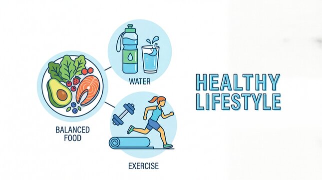 Infographic about healthy lifestyle with balanced food, water and exercise