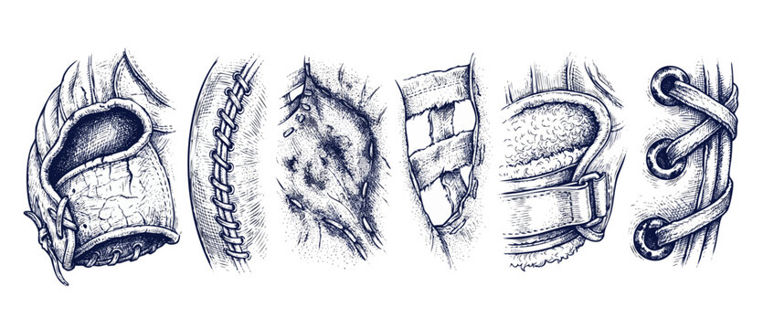 Vintage leather stitching sketch set featuring detailed texture closeups of baseball glove, sports gear seams, laces, and straps. Hand drawn monochrome engraving style elements for design.