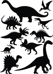 Collection of Dinosaur Silhouettes Including Brachiosaurus and Triceratops prehistoric ancient © QueenMomtaz 