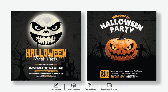 Set of square Halloween flyer templates and Social media posts, web banner ads designs with dark ominous textures and pumpkin characters for event promotion and night party invitation designs
