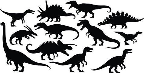 Diverse Collection of Dinosaur Silhouettes on White Background prehistoric ancient © QueenMomtaz 