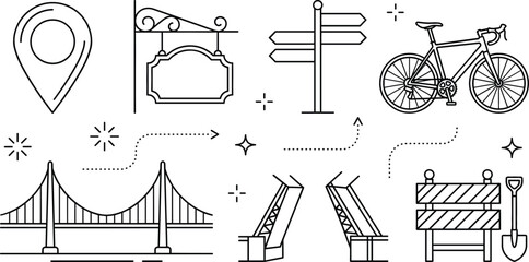 City travel and navigation line art vector icons set with bicycle bridge pin signboard road barrier and signpost © MdMursalin