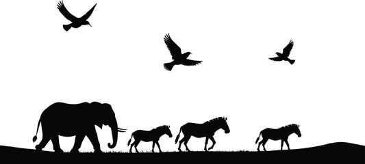 Fototapeta premium Silhouette of African Wildlife and Birds in Flight Against White Background elephant zebra