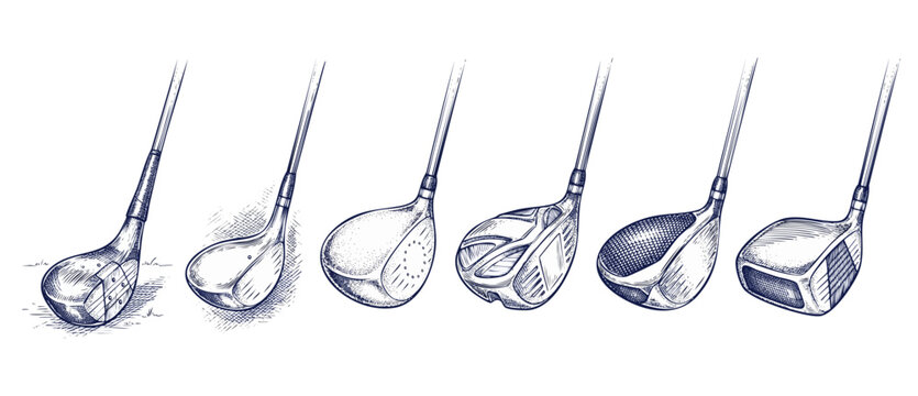 Golf club driver evolution sketch showing the historical development of wood clubs from retro wooden heads to modern titanium sports equipment gear on a white background line art drawing collections.