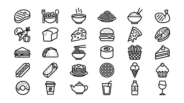 Black line icons of various food and drink items on transparent background  steaks and seafood and vegetables and sandwiches and desserts and beverages