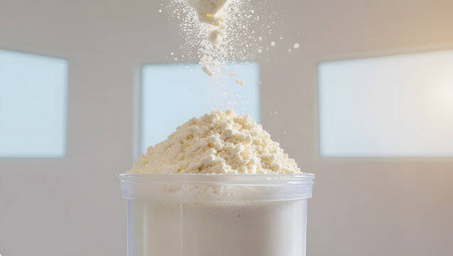 White protein powder pouring and piling up into a clear plastic shaker bottle, bright minimalist indoor background. Concept of sports nutrition, diet, and fitness supplement.