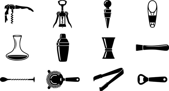 Wine & Bar Tools silhouette icon set, flat black glyph style, pure white background