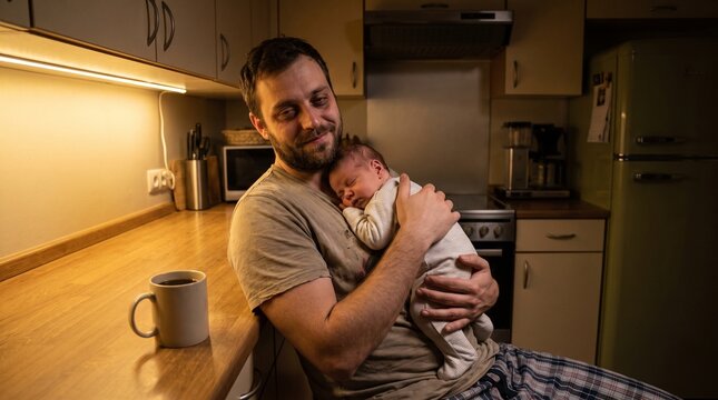 Young Caucasian male with an exhausted mood leaning on a counter with a sleeping baby against a dim kitchen background, tired new parent concept