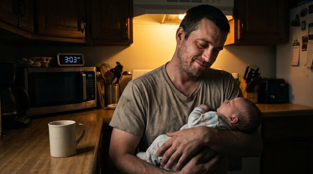 Adult Caucasian man with an exhausted mood holding a newborn baby against a dark kitchen background, tired new parent concept