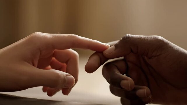 Close-up material of two people touching fingers, and different skin tones touching fingers