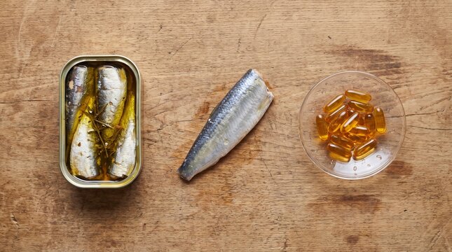 Top view of canned seafood and a headless raw fish and vitamin pills in a minimalist style in woody colors representing healthy dietary choices, sardine fast concept with copy space