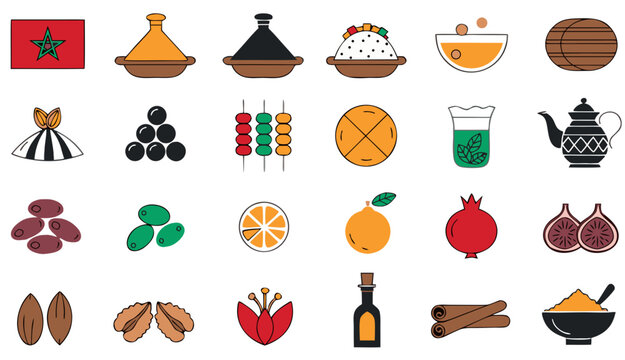 Moroccan culture icons with flag and cuisine elements in flat design style