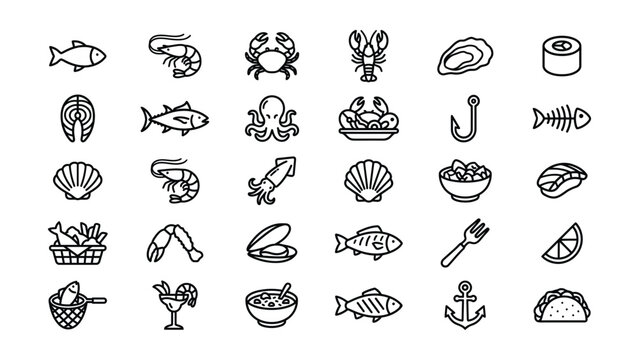 Seafood icons including fish shrimp crab oyster shells baskets sushi and kitchen utensils  seafood icons collection