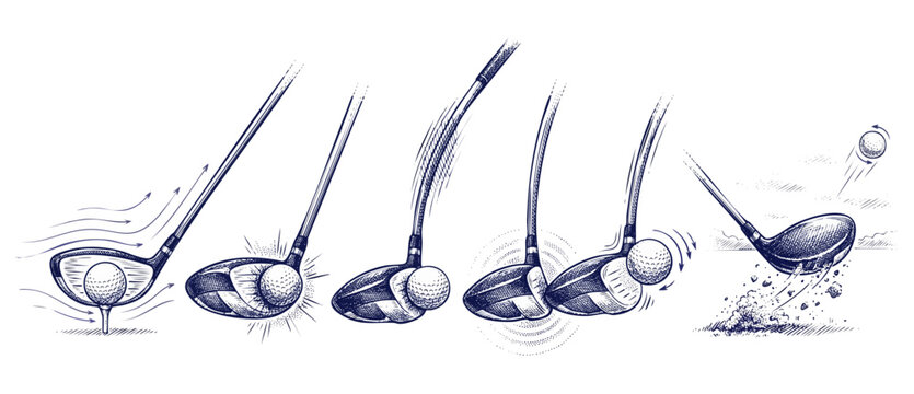Golf swing impact sequence illustration showing club hitting ball in five step diagram guide, sketch engraving style drawing of driver motion physics for training isolated on white background art.