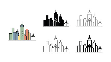 Fototapeta premium Ecofriendly city skyline with a wind turbine and leaf icon