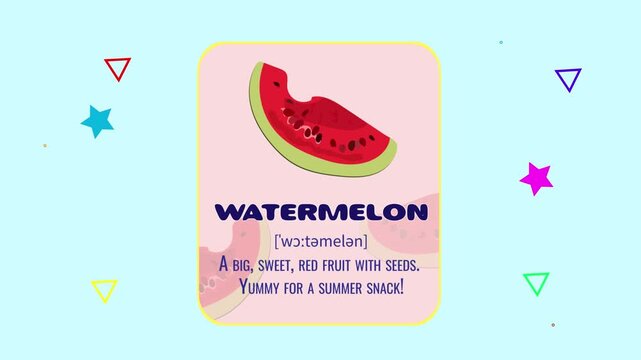Watermelon flashcard motion graphics animation with floating geometric shapes