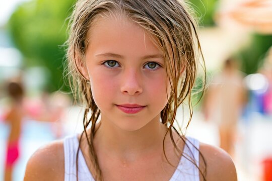 Young girl with wet hair and flushed face stands in front of a swimming pool, surrounded by blurred figures of children playing in the background