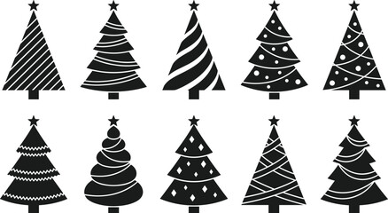 Obraz premium Collection of ten distinct black christmas tree silhouettes with various decorative patterns and star toppers