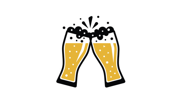 Two tall glasses filled with golden beer and thick white foam clinking together in a toast on a white background.