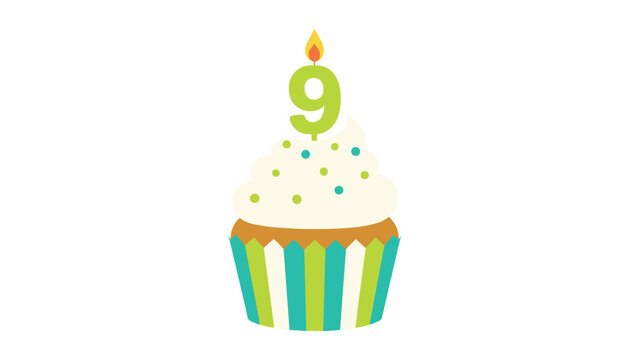 Delicious birthday cupcake with white frosting, colorful sprinkles, and a bright green number nine candle on top.
