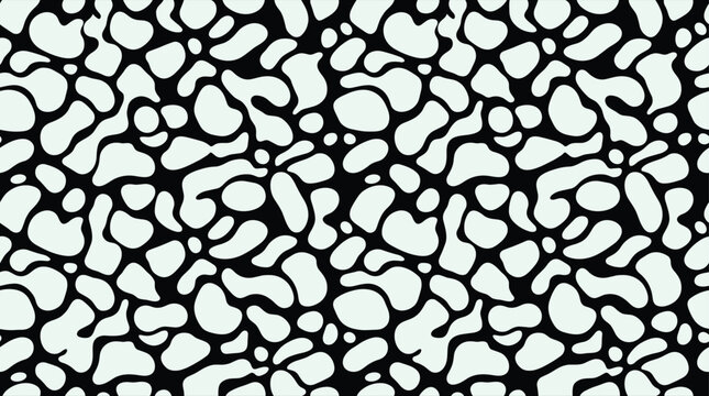 Seamless pattern of irregular amoeba like shapes in pale green on a solid black background, for textile or wallpaper