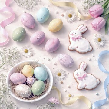 Pastel Easter flat lay with decorated eggs, bunny-shaped cookies, spring flowers, and soft ribbons arranged on a light background. The cheerful composition captures the festive spirit of Easter with delicate colors, seasonal decorations, and charming holiday treats. AI generated