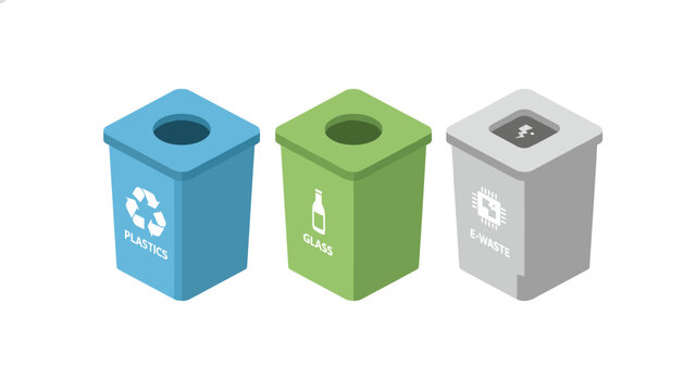 Three isometric recycling bins for plastics, glass, and electronic waste sorted by blue, green, and gray colors.