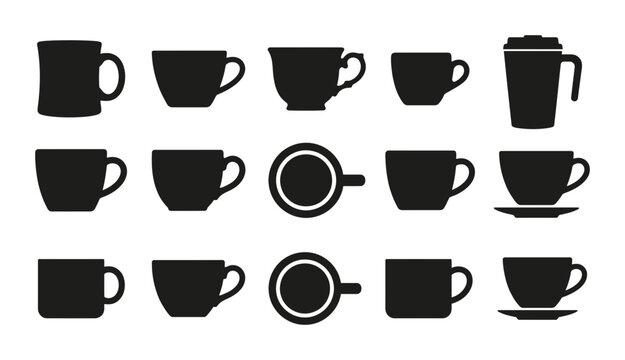 Coffee Cup Silhouette Collection Vector Set Featuring Various Tea Mug Shapes and Drinkware Icons