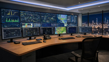 Obraz premium Professional cyber security operations center control room with large multi-screen wall displaying data analytics and network traffic monitoring security technology analytics