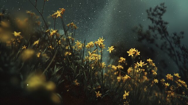Horizontal shot of small yellow wildflowers blooming in a dark field under a starry night sky with sparkling stardust