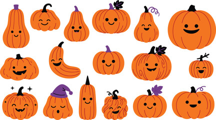 Naklejka premium Halloween color vector set 20 unique pumpkin illustrations for spooky season decor