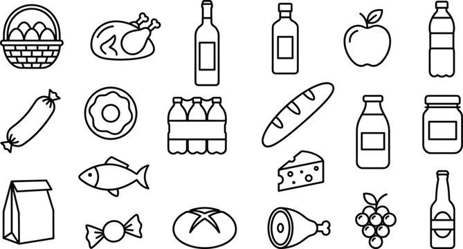 Collection of black and white food and grocery including bread, fruit, meat, drinks, and dairy products, simple linear set on white background