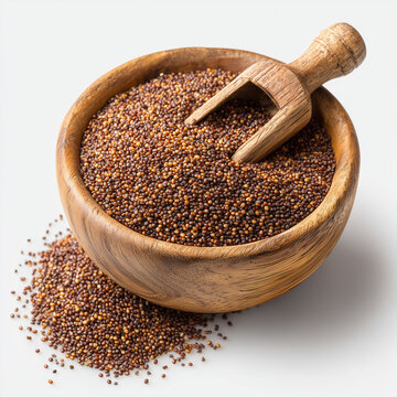 Premium Ragi (Finger Millet) in Wooden Bowl with Scoop &ndash; Organic Finger Millet Grain Isolated on White Background