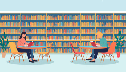 Two people reading books at separate tables in a quiet library with tall bookshelves filled with colorful books. © Roma