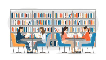 Four women are diligently reading books at tables in a quiet library with numerous bookshelves in the background. © Roma