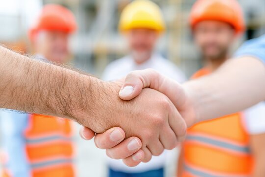 Construction workers shaking hands at a building site, wearing safety vests and helmets, with blurred colleagues in the background, emphasizing teamwork and collaboration
