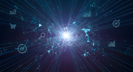 Fototapeta premium Abstract data stream visualization with business icons analytics e commerce and target focus