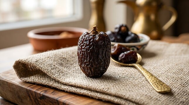 A single textured date fruit placed upright on rustic burlap fabric with a golden spoon