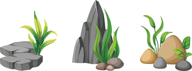 Nature rocks and green plants collection, decorative landscape vector illustration isolated garden design elements clipart set bundle © MASUMA