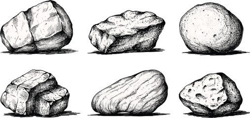 Hand drawn rock collection, natural stone engraving vector illustration isolated geological mineral sketch design elements set © MASUMA