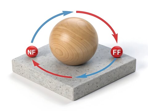 Conceptual physics illustration showing wood sphere and red nf ff force markers