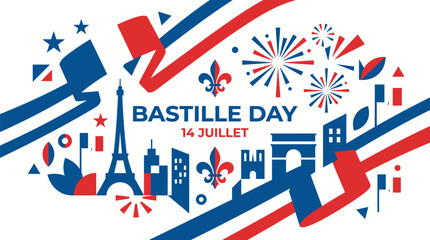 Obraz premium Vibrant vector illustration celebrating French Bastille Day featuring the iconic Eiffel Tower and Arc de Triomphe surrounded by festive fireworks and flowing ribbons in red blue 
