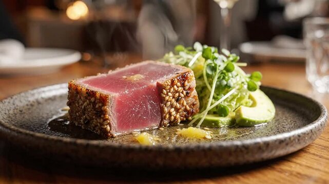 Steaming Seared Tuna with Avocado and Sprouts